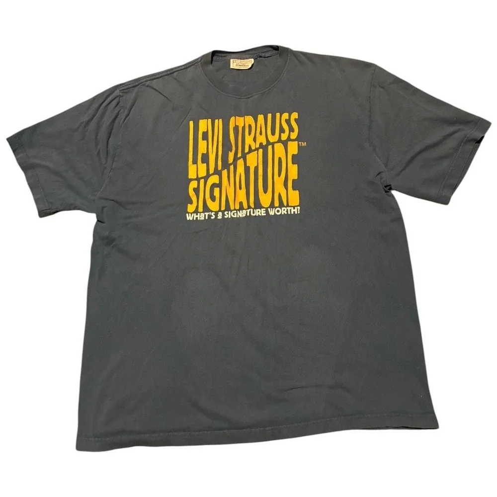 Levi Strauss Signature Mens Graphic T-Shirt Blue Yellow Logo Crew Neck XL